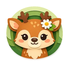 Cartoon deer avatar in flat paper-cutout style with soft colors, head and shoulders view, centered on naturzauber.org